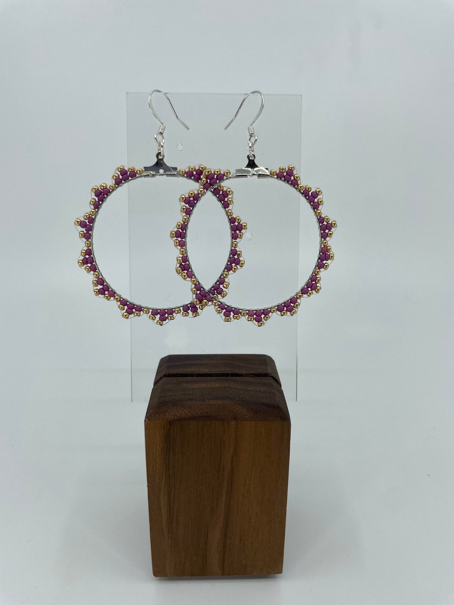 Mauve and Gold Beaded Hoop Earrings