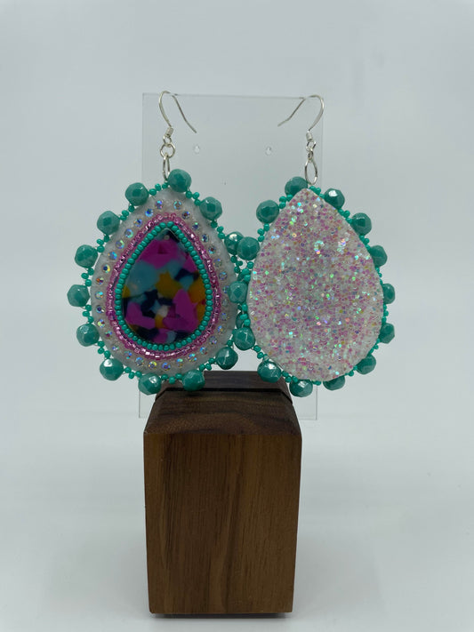 Teal Teardrop Beaded Earrings
