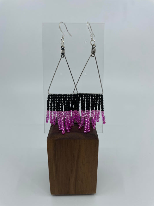 Black and Pink Fringe Beaded Earrings