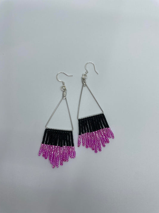 Black and Pink Fringe Beaded Earrings