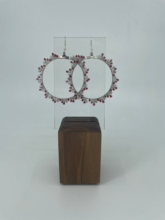 Silver and Red Beaded Hoops