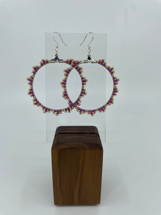 Mauve and Gold Beaded Hoop Earrings